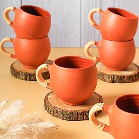 Rare Planet Hand made Traditional Beautiful Design Terracotta Chai  Tea Cup Set for Home (Set of 6)