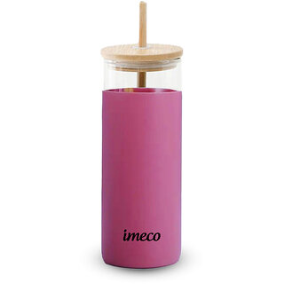 IMECO ECO-SIPPER Glass Sipper Bottle with Stylish Bamboo Lid And Straw 450 ml (Pink)