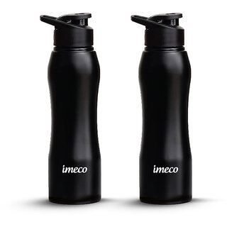 IMECO ECO-CURVE Stainless Steel Water Bottle with Sipper Cap Black 1 Litre (Pack of 2)