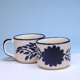 Rare Planet Handcrafted Blue Floral Ceramic Tea Cups - Elegant and Eco-Friendly Mug Set of 2