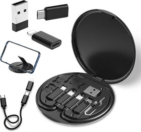 All-in-One 60W USB Fast Charging Travel Cable Set with Type-C, Lightning & Micro USB, Mobile Stand, Black