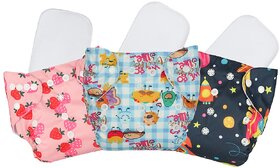 (Pack of 3) Printed Cloth Diaper- Reusable, Washable, Adjustable Snap Buttons Cloth Diaper For Babies (0-36 Months) With Wet-Free Insert Pads  (Baby Pink-Blue- Dark Blue)