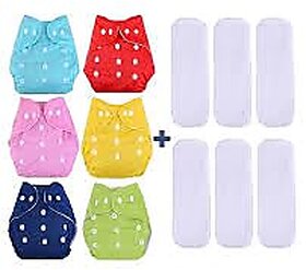 (Pack of 6) Baby Cloth Diapers + Inserts/Washable and Reusable/ 100 adjustable Nappy for 0-3 years/Baby cloth diaper pants and white inserts (Multicolor, One Size, 6, count)