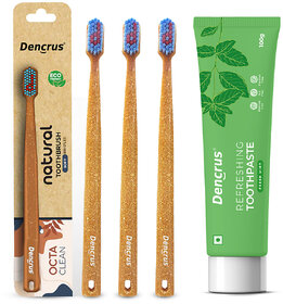 DENCRUS Mint Toothpaste And Octa Clean Bamboo Toothbrush (Pack of 3) Combo, Superior Oral Care Combo