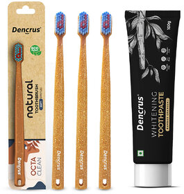 DENCRUS Charcoal Toothpaste And Octa Clean Bamboo Toothbrush (Pack of 3) Combo, Charcoal Oral Care Combo