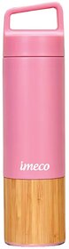 IMECO ECO-EDGE Bamboo Thermos Water Bottle 600 ml Pink, 24 Hour Hot And Cold, Leakproof And Insulated