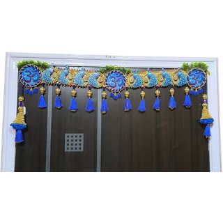 om blue toran with wood peacock and pom pom toran