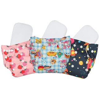 (Pack of 3) Printed Cloth Diaper- Reusable, Washable, Adjustable Snap Buttons Cloth Diaper For Babies (0-36 Months) With Wet-Free Insert Pads  (Baby Pink-Blue- Dark Blue)