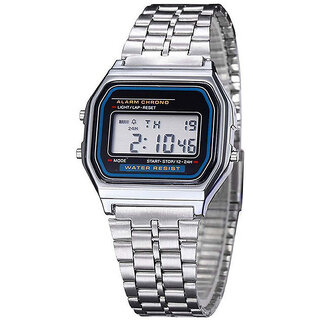 Digital Sports Square Dial LED Watch - Unisex Stainless Steel Strap (Silver)