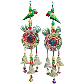 Swastik Toran Wall Hanging with Parrot Design  Shubh Labh Decorative Latkan for Home (Set of 2)
