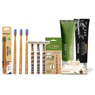 Ecoconscious Travel Kit (3 Octa Clean Toothbrush,Charcoal Toothpaste,3 Disposable Razor,Shaving Gel,100P Facial Tissue)