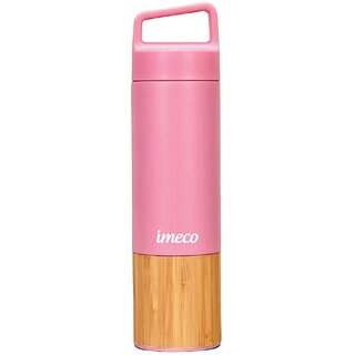 IMECO ECO-EDGE Bamboo Thermos Water Bottle 600 ml Pink, 24 Hour Hot And Cold, Leakproof And Insulated