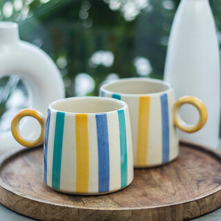 Handcrafted Ceramic Mug Pack of 2 with Colourful Stripe Design