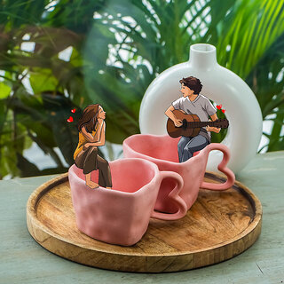 Handcrafted Pink Ceramic Mug Pack of 2 Unique Wavy Rim Design