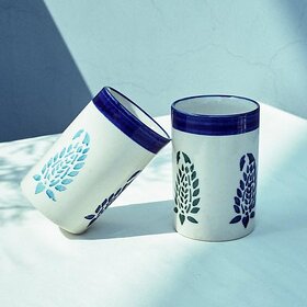 Ceramic Glass Pack of 2 with Leaf Design