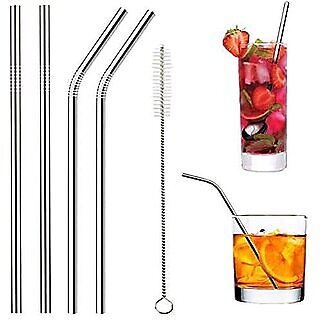 Reusable BPA-Free Metal Thick Long Dishwasher Safe Stainless Steel Drinking Straws 8.5 Inches (2 Straight 2 Bend and 1 C