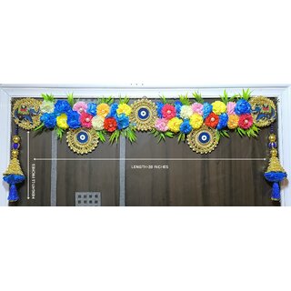 Traditional Evil Eye Toran Door Hanging with Artificial Flowers  Decorative Elephants  Multicolor