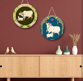 Tiny Shiny Traditional Cow  Calf Round Wall Hanging For Bad Room, Living Room Pack of 2