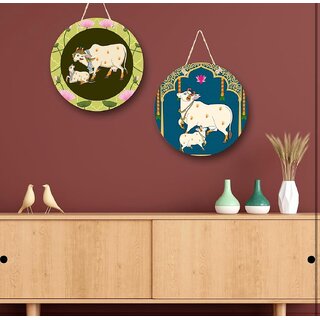 Tiny Shiny Traditional Cow  Calf Round Wall Hanging For Bad Room, Living Room Pack of 2