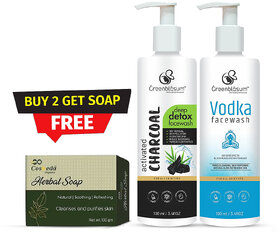 (Pack of 2) Greenblosum Deeep Detox Charcoal | Vodka Face Wash 100ml Each With Free 100gm Herbal Soap