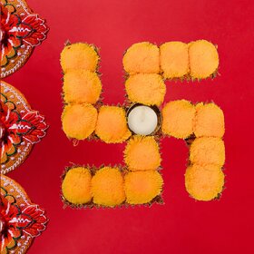 Tiny Shiny Handmade Swastik Rangoli Art Designs With T-Light With Pom Pom MDF Base Home Temple Decorations For Door Entr