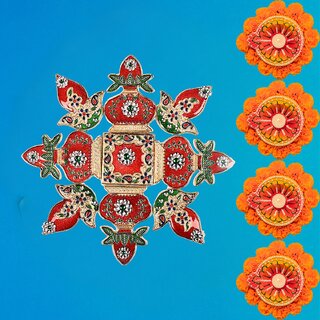 Tiny Shiny Kalsh And Diya Meena Stone Handcrafted Re-arrangeable Rangoli Design Set Home Temple Diwali Decorations