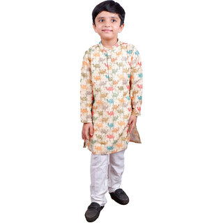 Kid Kupboard Cotton Boys Kurta and Pyjama Set, Yellow/White, Full-Sleeves, 7-8 Years KIDS7612
