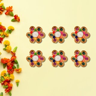 Tiny Shiny Tea Light Flower Candle Diya Holder Set for Home Office Decoration Puja Articles Pack of 6