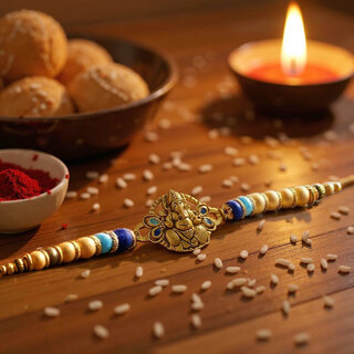 Gold Plated Meenakari Religious Rakshabandhan Ganpati Design Rakhi for Bhaiya/Bhabhi Pack of 1