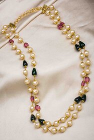 Two Layers Pearl Necklace with Red and Green Beads
