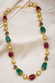 Single Layer Pearl Necklace with Red and Green Beads