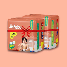 Alfaby Baby Diapers | Long Lasting Dryness | Leak Proof | 12 hrs protection - M (68 Pieces)