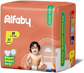 Alfaby Baby Diapers | Long Lasting Dryness | Leak Proof | 12 hrs protection - M (32 Pieces)
