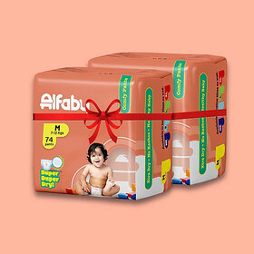 Alfaby Baby Diapers | Long Lasting Dryness | Leak Proof | 12 hrs protection - M (148 Pieces)