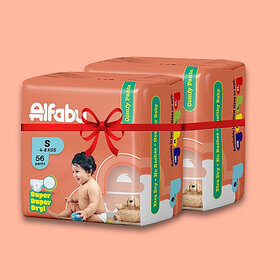 Alfaby Baby Diapers | Long Lasting Dryness | Leak Proof | 12 hrs protection - S (112 Pieces)