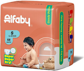 Alfaby Baby Diapers | Long Lasting Dryness | Leak Proof | 12 hrs protection - S (56 Pieces)