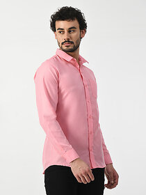Alokk Men Regular Fit Solid Curved Collar Casual Shirt (Pink)