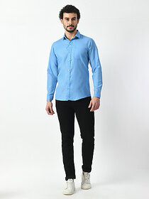 Alokk Men Regular Fit Solid Curved Collar Casual Shirt (Blue)