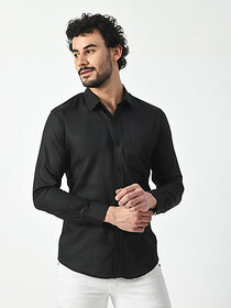 Alokk Men Regular Fit Solid Curved Collar Casual Shirt (Black)