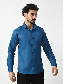 Alokk Men Regular Fit Solid Curved Collar Casual Shirt (Blue)