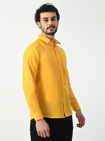 Alokk Men Regular Fit Self Design Curved Collar Casual Shirt (Yellow)
