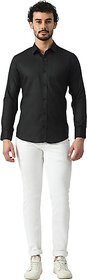 Alokk Men Regular Fit Solid Button Down Collar Casual Shirt (Black)