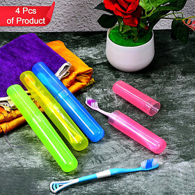 (Pack of 4) Plastic Toothbrush Covers | Anti-Bacterial Hygienic Multicolor Travel Storage Case
