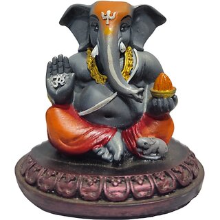 Lord Ganesha Idol with Mouse  Matt Finish Decorative Murti for Home, Office, Car Dashboard  Gift (4 Inch)(Grey  Orange)