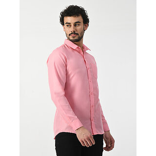 Alokk Men Regular Fit Solid Curved Collar Casual Shirt (Pink)