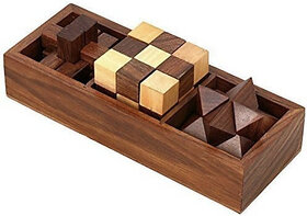 Anmolg Wooden Puzzle 3 In 1 Games Set, Includes Wood Interlocking Blocks(Brown)