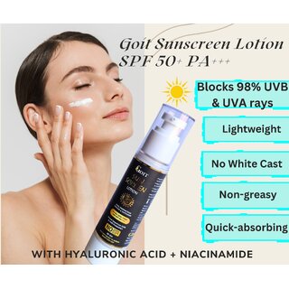 Goit Sunscreen SPF 50++++, Ultimate Shield for Indoor  Outdoor Protection, Enriched With Hyaluronic Acid  Niacinamide, 50gm, With Korean Beauty Cica Leaf