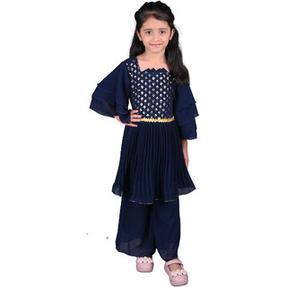 Kid Kupboard Cotton Girls Kurti and Plazzo Set, Dark Blue, Full-Sleeves, 7-8 Years KIDS7698