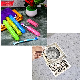 Combo of : 4 Pc Plastic Toothbrush Cover Anti Container | Kitchen Sink Stainless Steel Pop-Up Strainer(11 Set of 1)