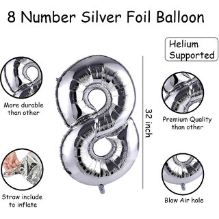 Fun Town Solid Silver 8 Number Foil Balloons 32 8th Birthday Party Decoration Helium Supported